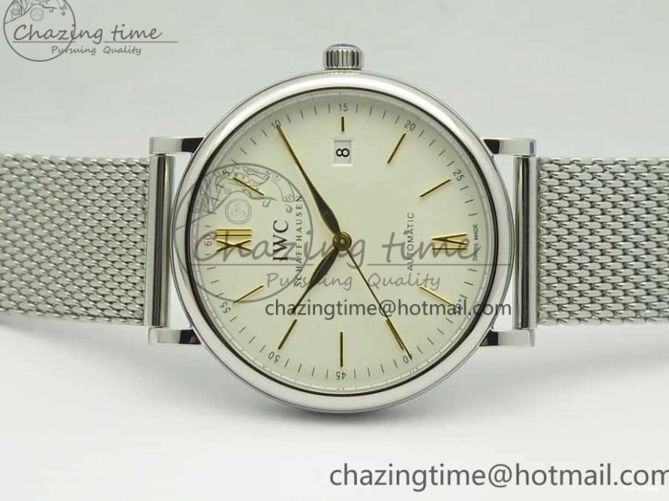 MIROTIME 0111 Breathable Portofino IW356501 SS V3 MK 1:1 Best Edition White Dial Gold Markers On SS Mesh Bracelet MIYOTA 7197